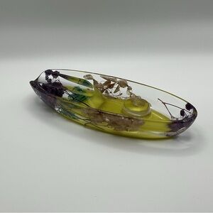 Handmade Glass Boat Dish with Embedded Flowers - Yellow and Purple
